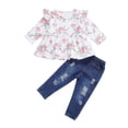thumbnail image 1 of 2 Pieces Kids Suit Set, Floral Print Round Neck Long Sleeve Top and Ripped Jeans for Girls, 1 of 1