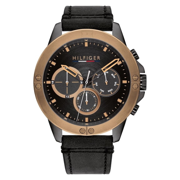 TOMMY HILFIGER 1791893 HARLEY ROSE GOLD ACCENTS BLACK DIAL & LEATHER MENS WATCH