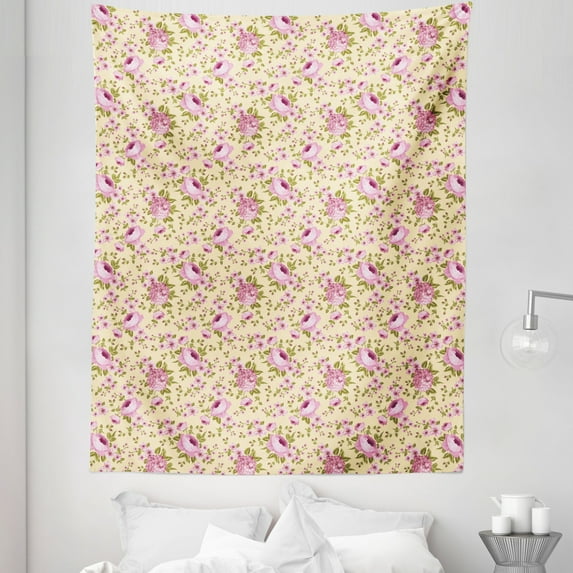 Peony Tapestry, Hydrangeas on Branches Vintage Nostalgic Feminine Nature Growth, Fabric Wall Hanging Decor for Bedroom Living Room Dorm, 5 Sizes, Olive Green Pale Pink, by Ambesonne