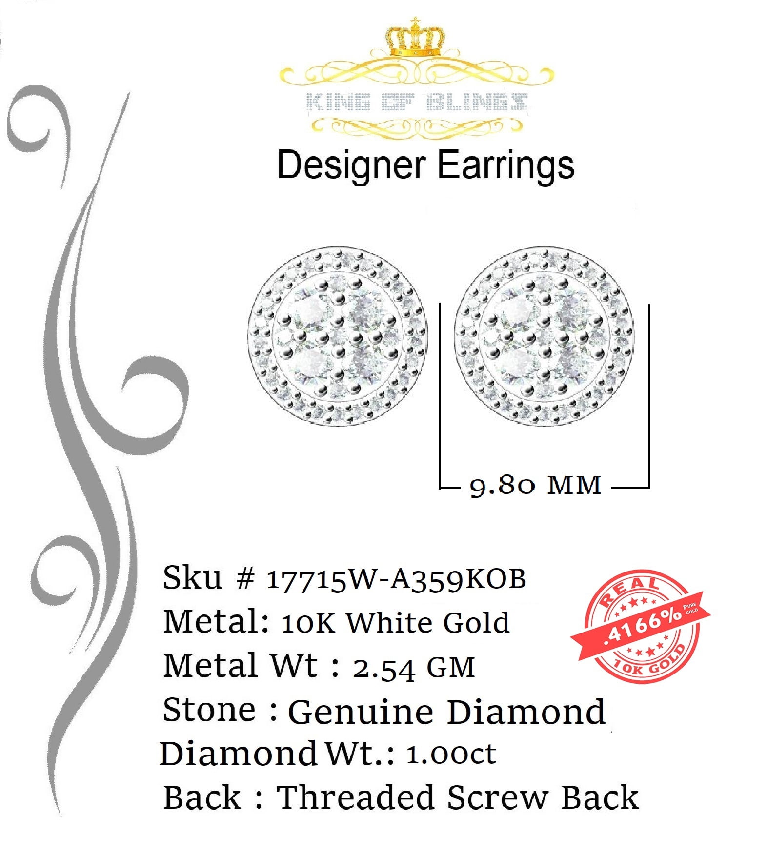 King of Bling's 1.00ct Diamond Stud Round Earrings for Women White Sterling Silver Stud for Men