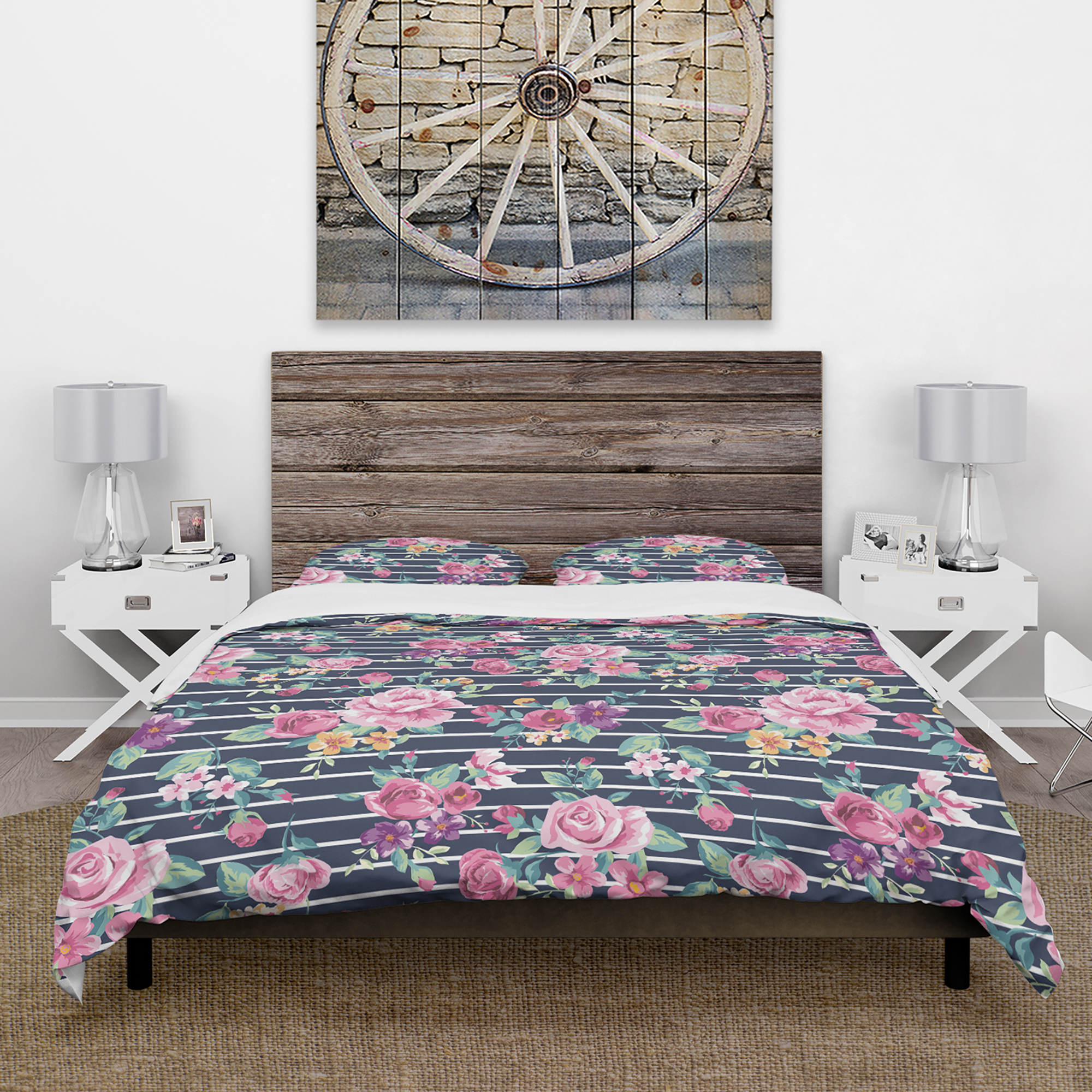 Designart 'Pink and Purple Flowers on Striped Background' Abstract Duvet Cover Set