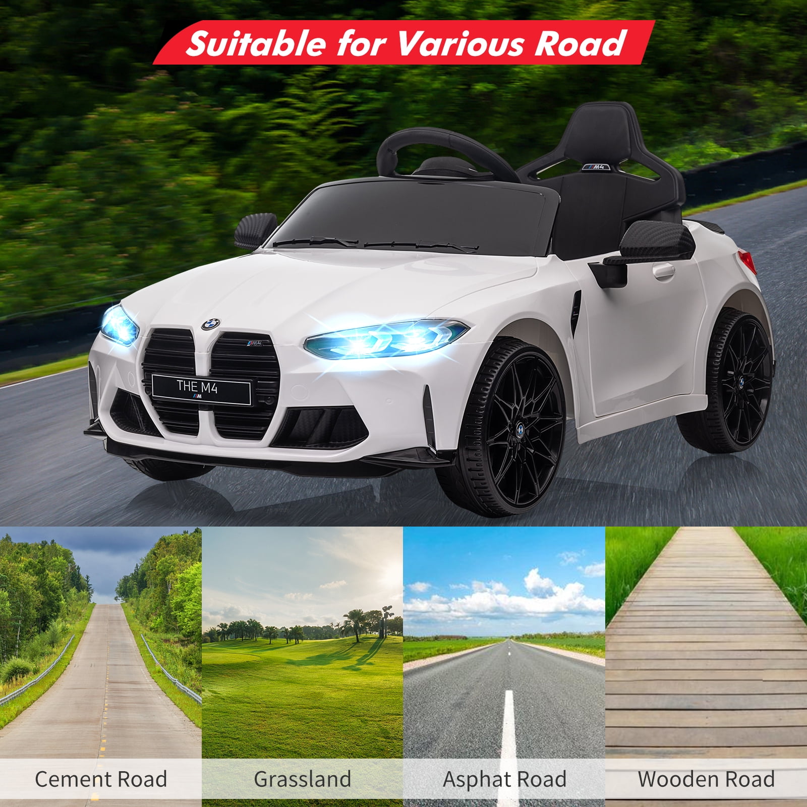 Joyspirit BMW M4 Licensed Remote Control Electric Ride-On Car for Kids - Bluetooth, 3-Speed, LED Lights, Suspension System, White, Ideal for Ages 37-83 Months