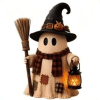 Halloween Decoration Indoor, Lighted Ghost in Witch Hat Resin Figurine with Broom and Lighted Lantern, Farmhouse Tabletop Decor