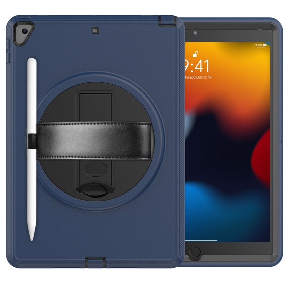 SaniMore for iPad 10.2" (9th/8th/7th Generation, 2021/2020/2019) Case, 3 Layers Multi-Functional Cover with 360° Rotation Hand Strap & Kickstand Pencil Holder Full Body Protective Shell, Darkblue