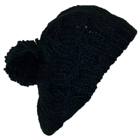 - Papillon Hand Knit Solid Color Cable Knit Winter Beret W/Large Pom Pom(One Size) - Black