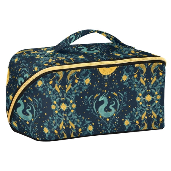 FORMRS Makeup Bag Travel Cosmetic Organizer for Women Fold Flat Zipper Pouch with Handle, Green Dragon Flowers