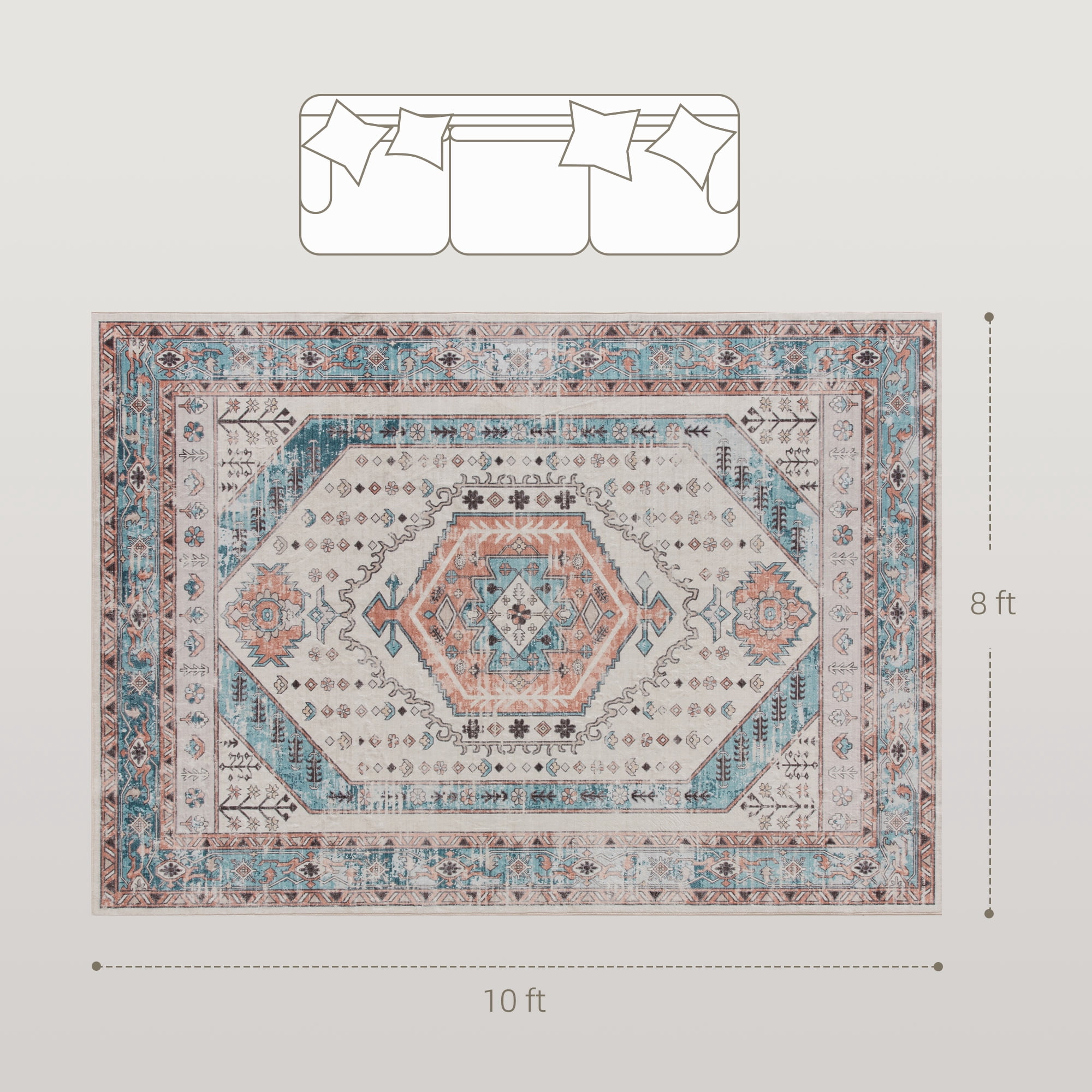 HOMCOM 8x10 Area Rug, Vintage Machine Washable Rug for Bedroom, Brown Blue