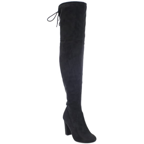 Delicious Women Over Knee Thigh High Boots Slip-On Chunky Thick Heels Back Lace-Up SNIVY-AH Black Suede 5.5