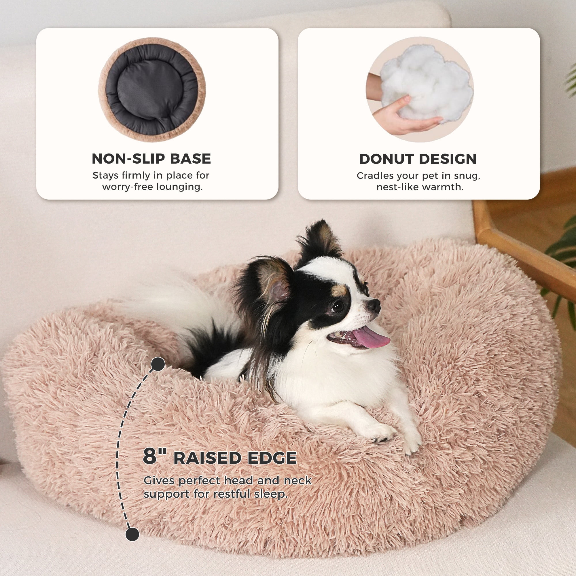 PAWZ Road Calming Donut Dog Bed Anti-Anxiety Plush Pillow Round Puppy Cat Bed 35" for Pets Up to 100lbs,Beige