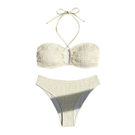UTSJKR Women Two Piece Bikini Set - Sexy Halter Triangle Bikini Top with High Cut Cheeky Bikini Bottom Swimsuits White XL