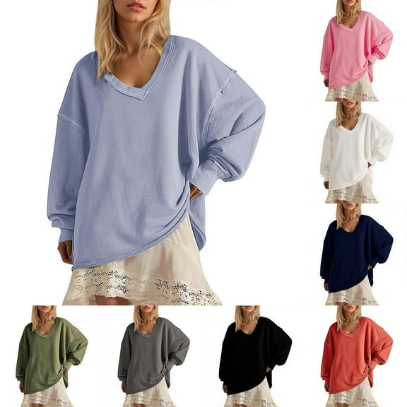 Crunowin Womens Oversized Sweatshirts, Loose Long Sleeve V-neck Pullover Tops Pink S