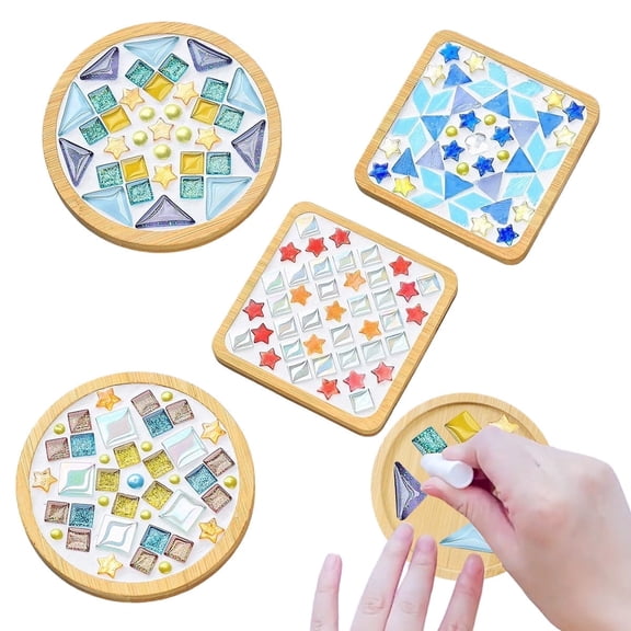 DIY Glass Mosaic Tile Kits 4 Sets with Wooden Coasters for Adults - Handmade Home Decor and Unique Gift Crafts
