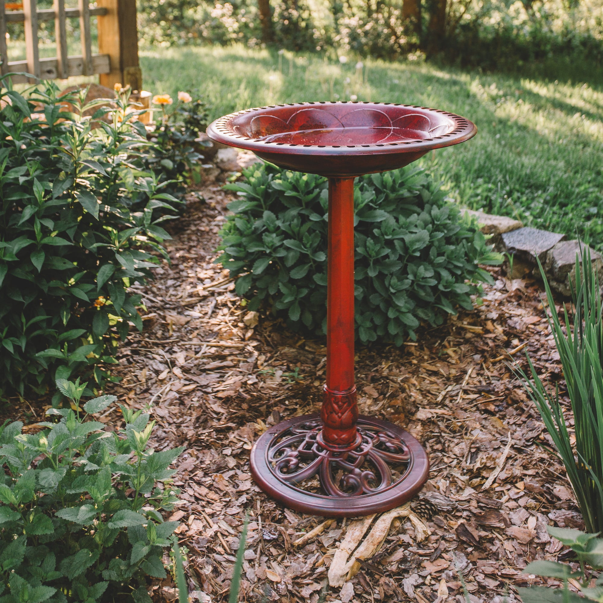 Backyard Expressions Outdoor Garden Bird Bath - Red - Weather Resistant Polyresin - 27 Inch