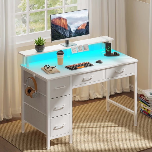 Greenstell 39 inch Computer Desk with Monitor Shelf, LED Lights, Power Outlets & 5 Storage Drawer, Home Office Desk, White