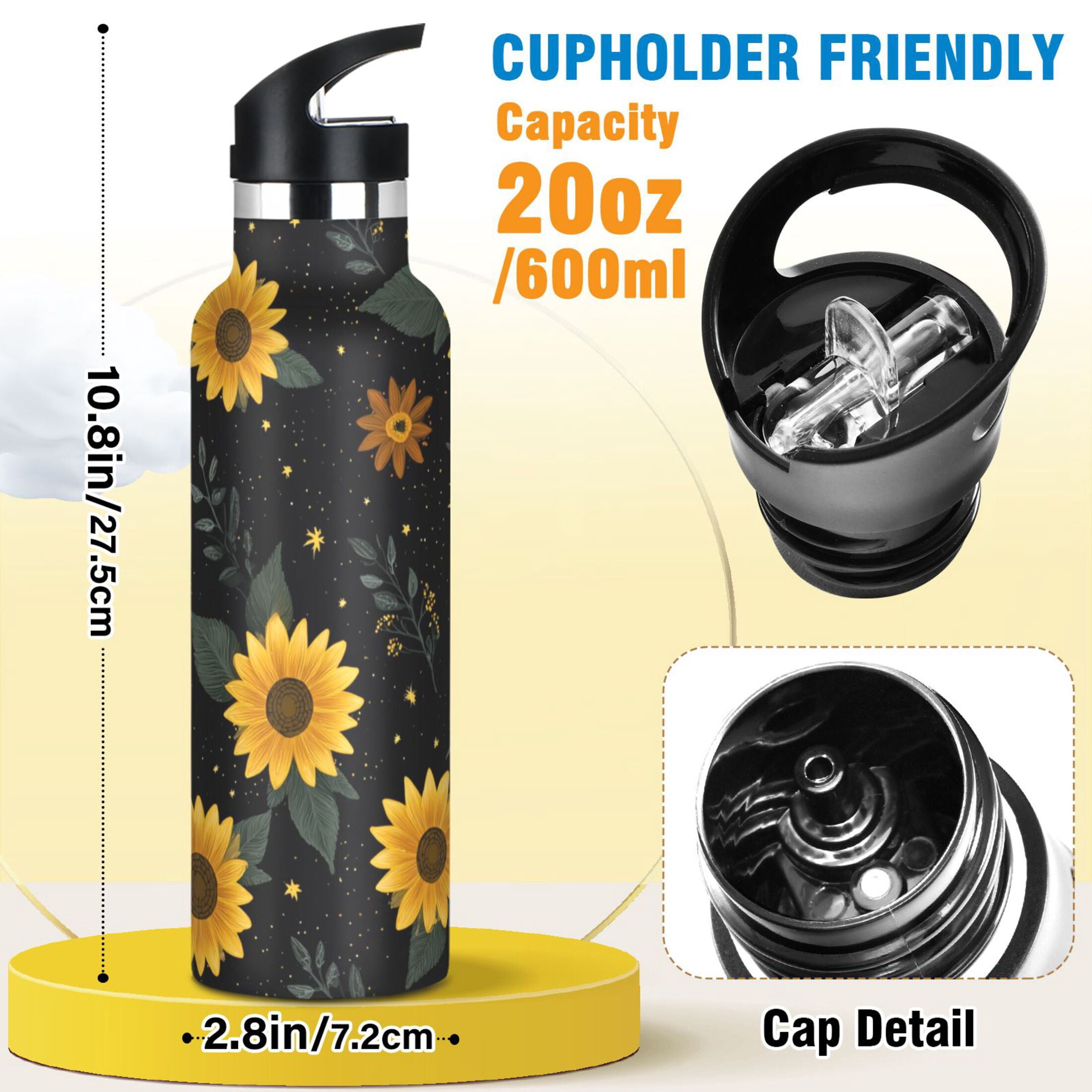 Kids Insulated Stainless Steel Sports Water Bottle 600ml (20oz) Yellow Sunflower Pattern