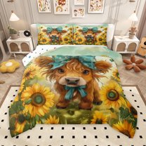 Homewish Cute Highland Cow Queen Comforter Set,Farm Highland Cattle Bedding Sets,Yellow Sunflower Blue Bow Tie Bedding Comforter Set For Girl Boys,Ultra Soft Home Decor Reversible,3pcs
