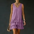 thumbnail image 3 of Women's Summer Dresses V Neck Sleeveless Linen Mini Dress with Tiered Ruffle Hem Going Out Party Outwear Dress Purple S, 3 of 7