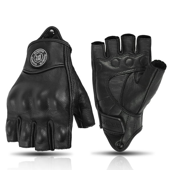 MJMOTO Vintage Leather Motorcycle Gloves Half Finger Touchscreen Off Road Riding Gloves with Hard Shell Protection Breathable