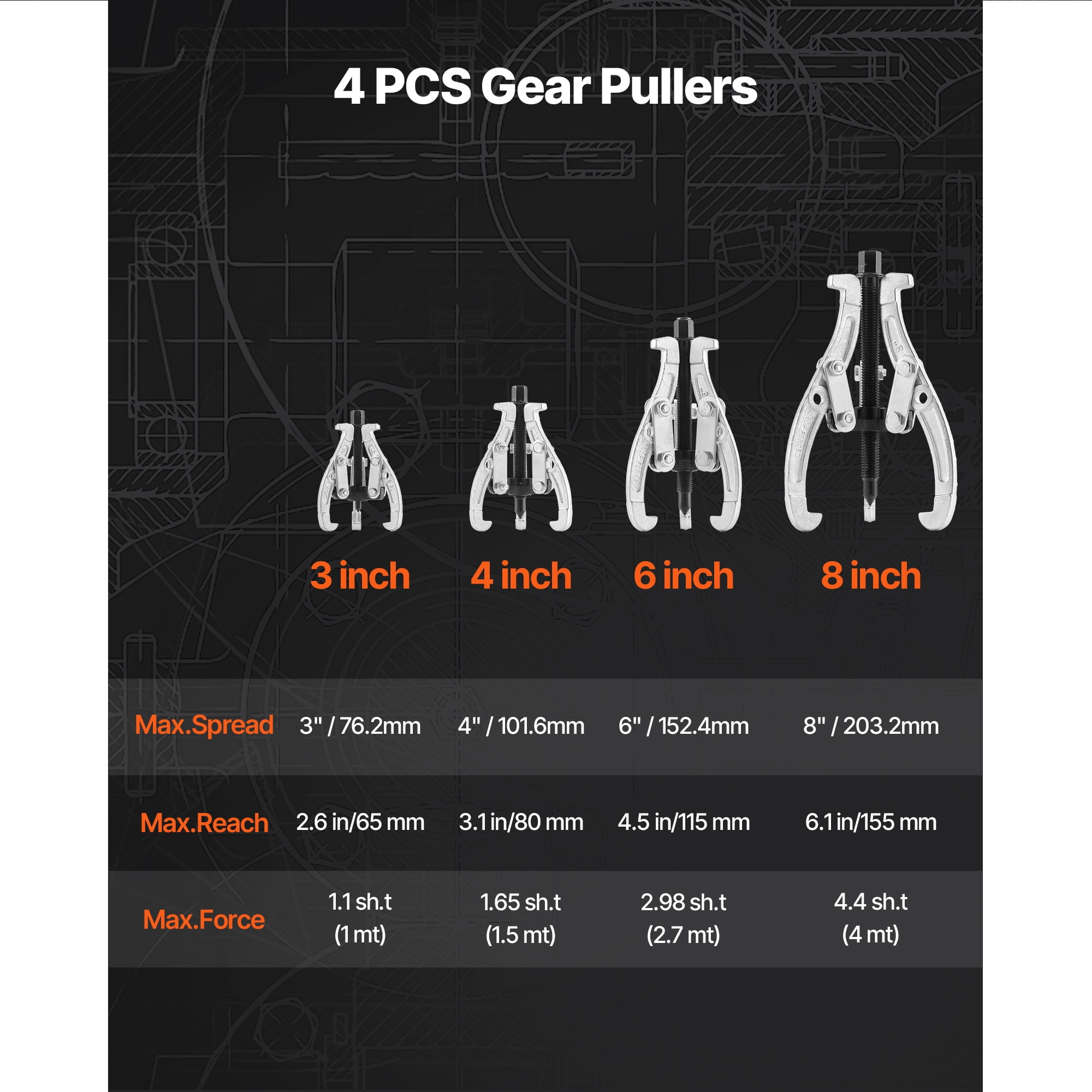 KFFKFF Gear Puller Set, 3 in/4 in/6 in/8 in with Reversible Jaws, 2 Jaw/3 Jaw Pulley Puller Tool, 4-Piece Heavy-Duty Kit