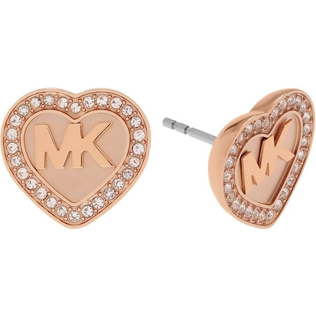 Michael Kors Women's Crystal Rose Gold-Tone Stainless Steel Pave Logo Heart Stud Fashion Earrings