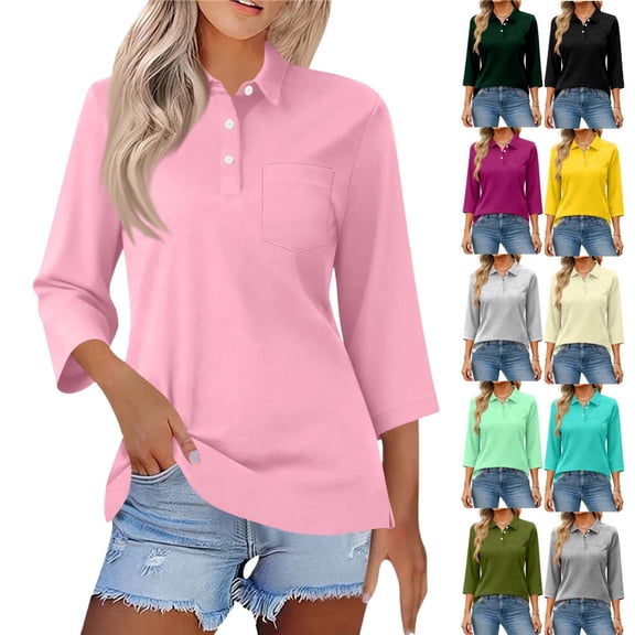 Womens 3/4 Length Sleeve Polo Shirts Business Casual Collared V Neck Tops Summer Cotton 3 Buttons Golf Shirt,Pink XL