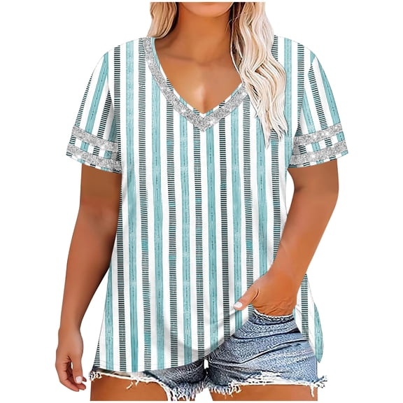 Womens Plus Size Tops Striped Short Sleeve V Neck Blouses Summer Summer Trendy Tops Ladies Loose Fitting Casual T Shirts