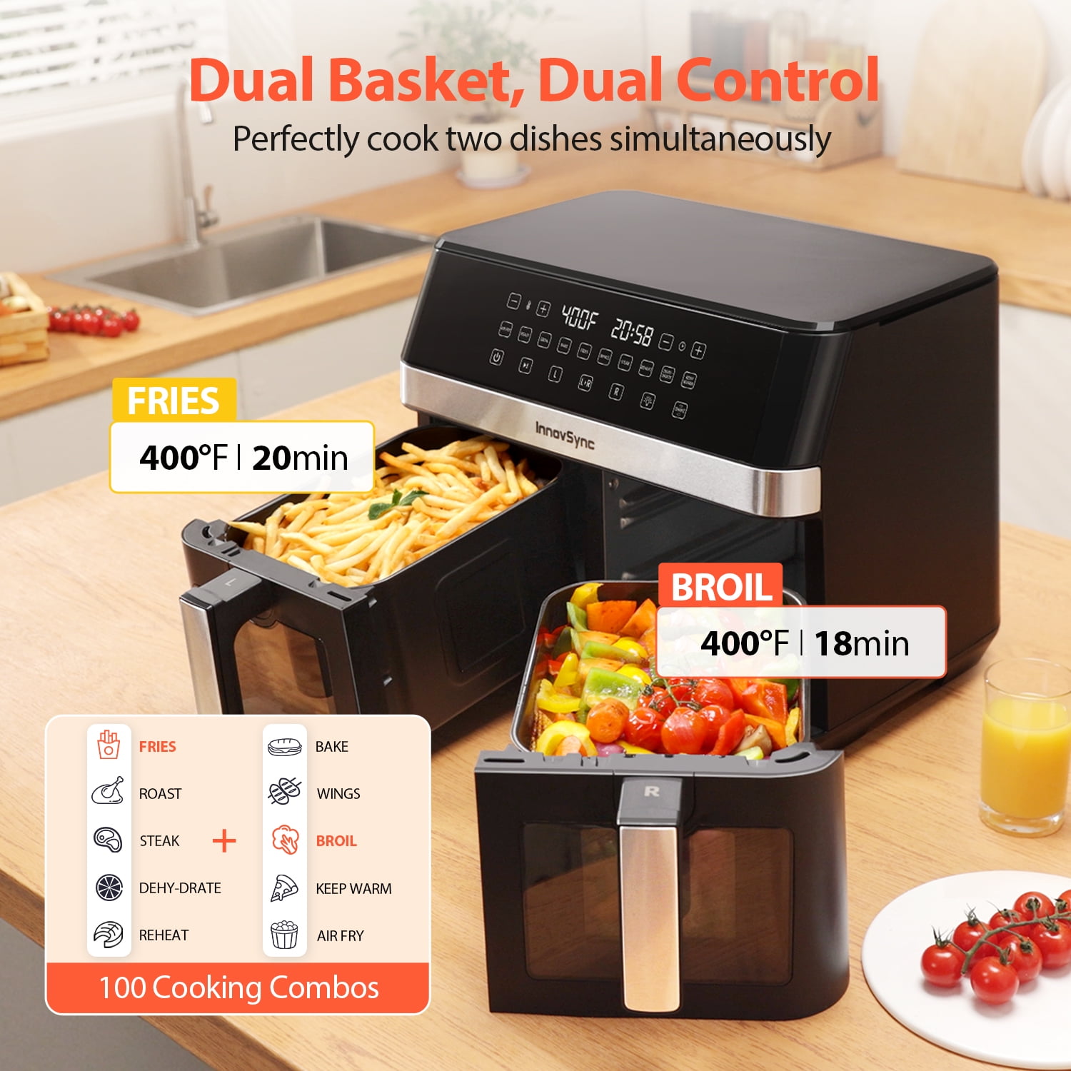 12QT Large Dual Basket Air Fryer with Viewing Window,10-in-1 Digital Touchscreen Double Zone Air Fryers, SyncCook to Bake,Roast,Reheat,Broil, Nonstick Dishwasher Safe