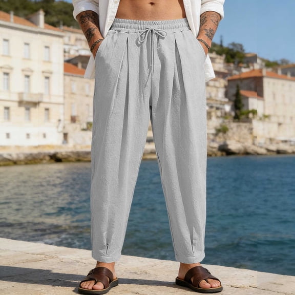 DayScoop Solid-Color Pants for Men Summer Slacks Fashion Loose Casual Drawstring Elastic-Waist Pocket Full Length Trousers