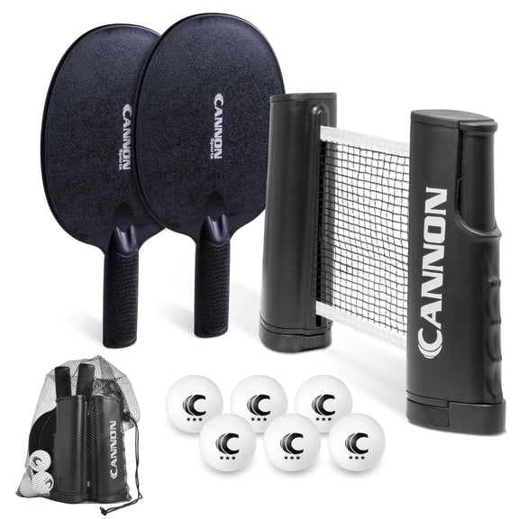 Cannon Sports Table Tennis Set – 2 Unbreakable Paddles, 6 3-Star Balls, Retractable Net & Carry Bag – Clamp-On Portable Ping Pong Net Fits Tables up to 2 Inch Thick, Extends to 6 Feet (Black)