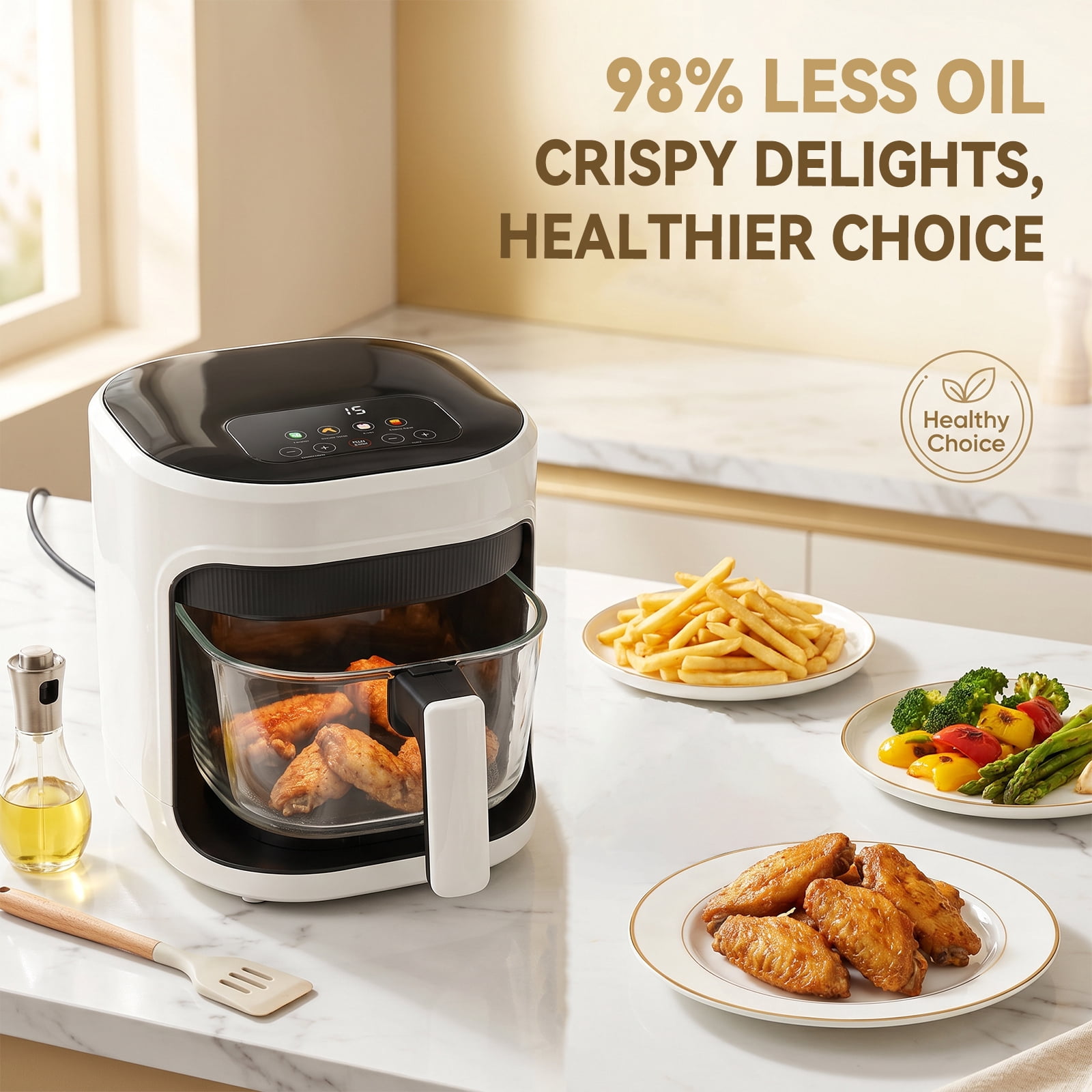 Air Fryer 5L with Touch Control, Adjustable tTemperature up to 200°C, 0-60-Minute Timer, 4 Preset Menus, Oil-free Cooking, and 1350W Power, Ideal for Families of 3-5 People.