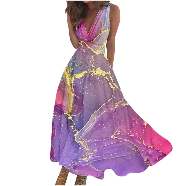 QIPOPIQ Robes d'Été pour Femmes 2024 Évasées Ligne A Florales Mode Robe d'Extérieur Sans Manches Col en V Longue Robe Maxi Liquidation d'Été