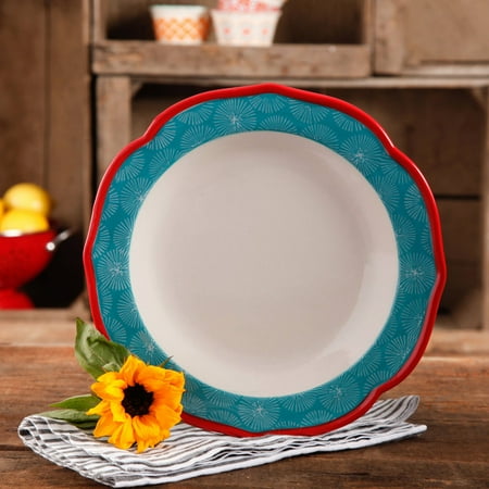 The Pioneer Woman Happiness 10.5" Red Rim Decorated Scallop Shape Dinner Plates, Set of 4
