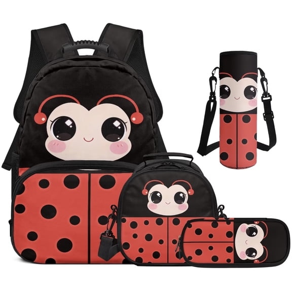 Jeiento Cute Ladybug School Backpack for Girls Backpack with Lunch Box Pencil Case Water Bottle Holder, 4 Pcs 17 Inch Travel Back Pack Casual Daypack Backpacks for Kids