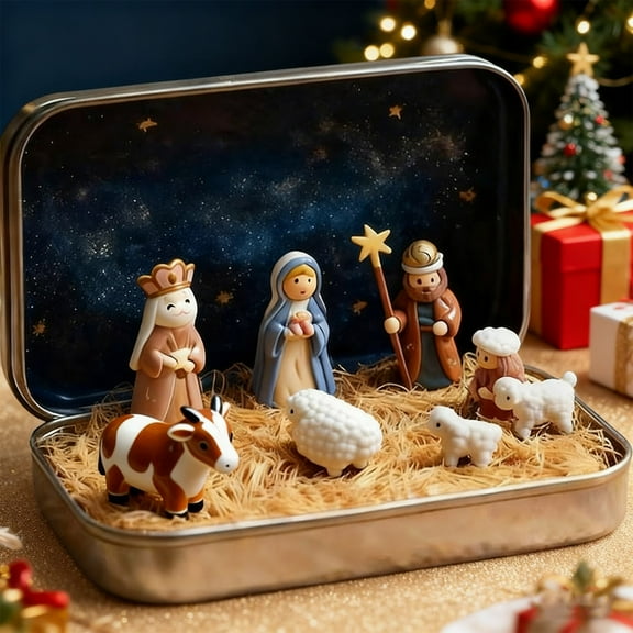 Mini Christmas Nativity Set in a Tin Box, Portable Pocket Birth of Jesus Ornament, Pocket Nativity Scene with Holy Family Sheep and Jesus Figurines for Home Desk, Shelf, Office Decor