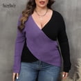 thumbnail image 5 of Suéter de talla grande con retazos cruzados 2024 para mujer, jersey sexy con escote en V profundo y holgado de gran tamaño para mujer, jerseys grandes, prendas de punto con curvas, 5 of 5