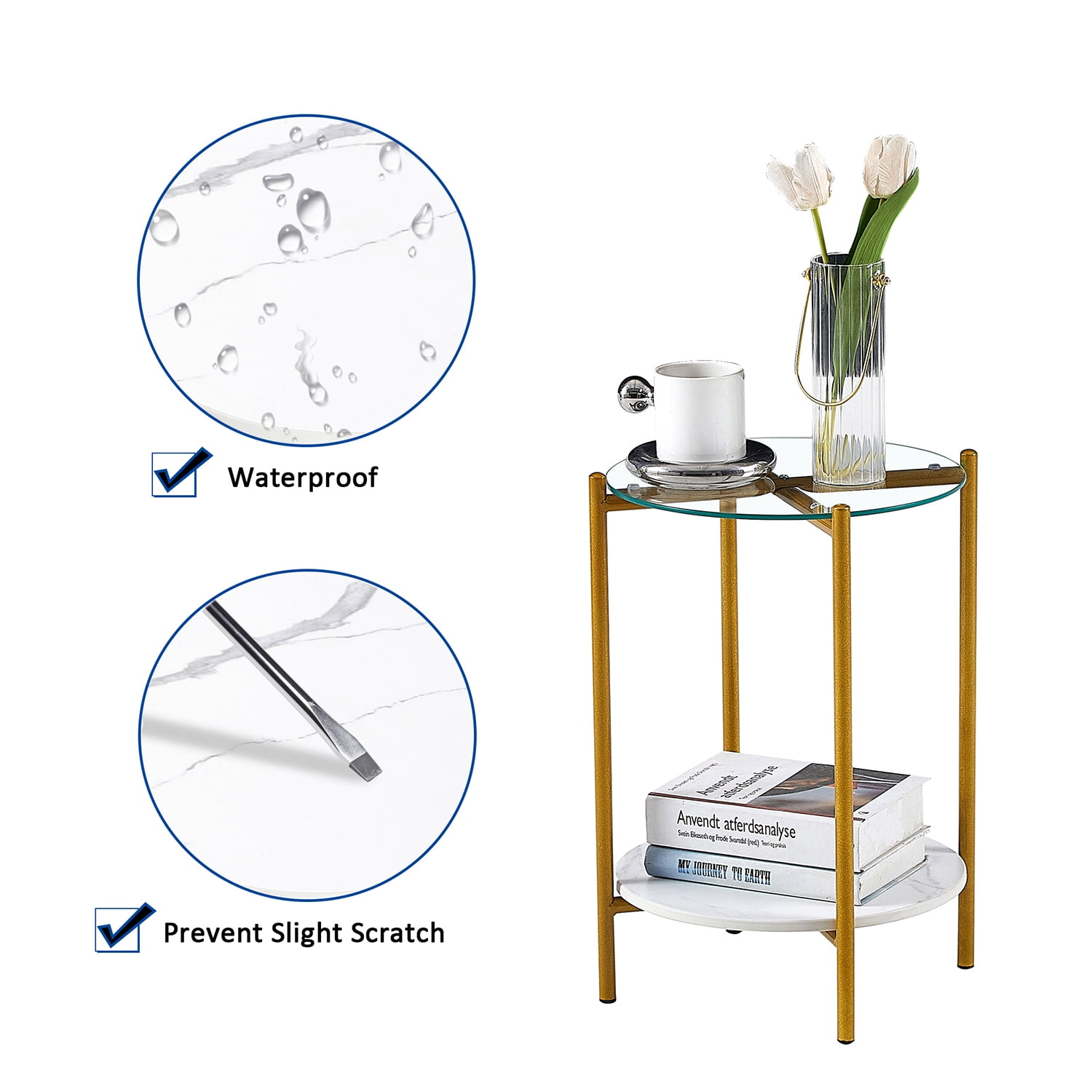 Kadyn 2-layer Round Coffee Table, Metal End Table with Tempered Glass and Marble Tabletop, Small Accent Sofa Table Side Snack Table for Living Room, White Kadyn 2-layer Round Coffee Table, Metal End Table with Tempered Glass and Marble Tabletop, Small Accent Sofa Table Side Snack Table for Living Room, White