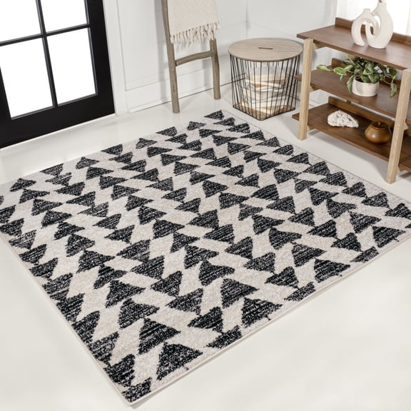 JONATHAN Y MOROCCAN HYPE 8' Square Area Rug, Aisha Moroccan Triangle Geometric - Cream/Black, MOH206A-8SQ