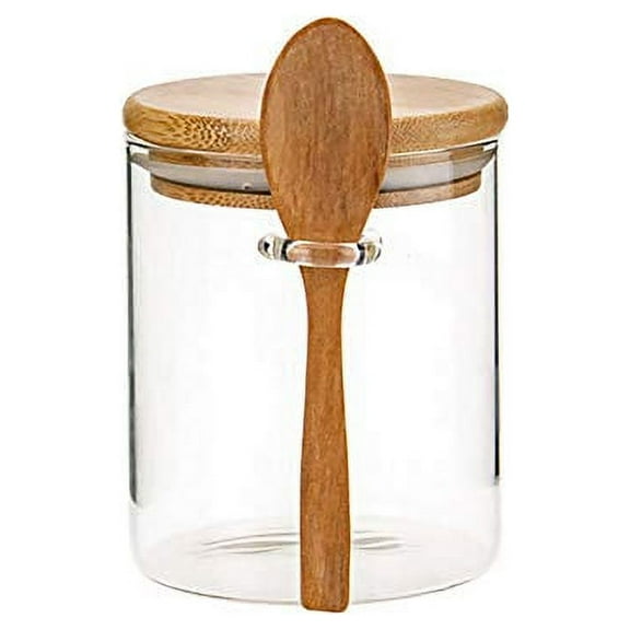 MOLADRI 420ML/15Oz Clear Glass Storage Canister with Wooden Spoon, Airtight Lid Sealed Small Glass Container Jar with Scoop for Bath Salt Holder, Sugar, Spice, Coffee, Matcha Tea, Condiment, Pepper