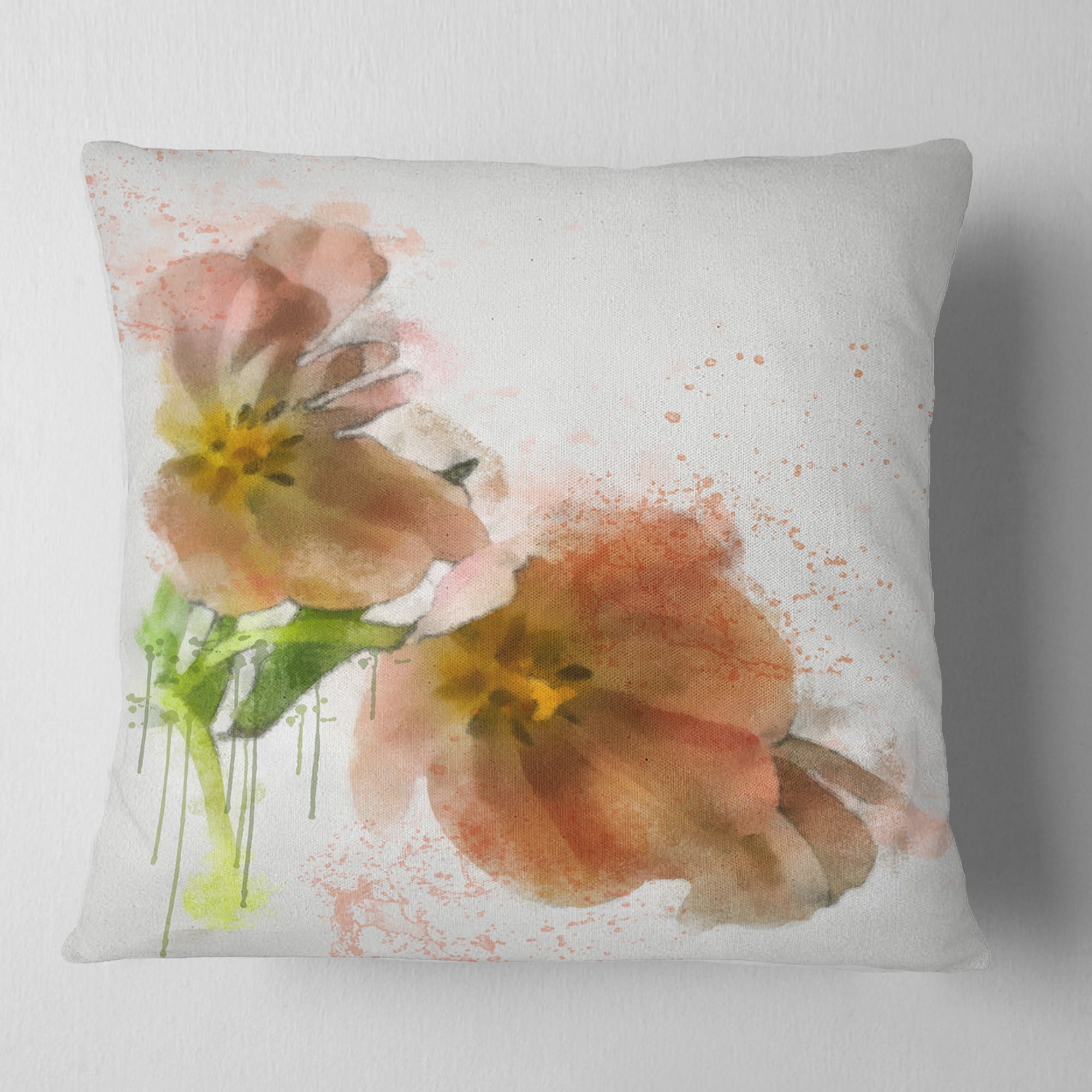 Designart Brown Tulips Sketch Watercolor - Floral Throw Pillow - 16x16