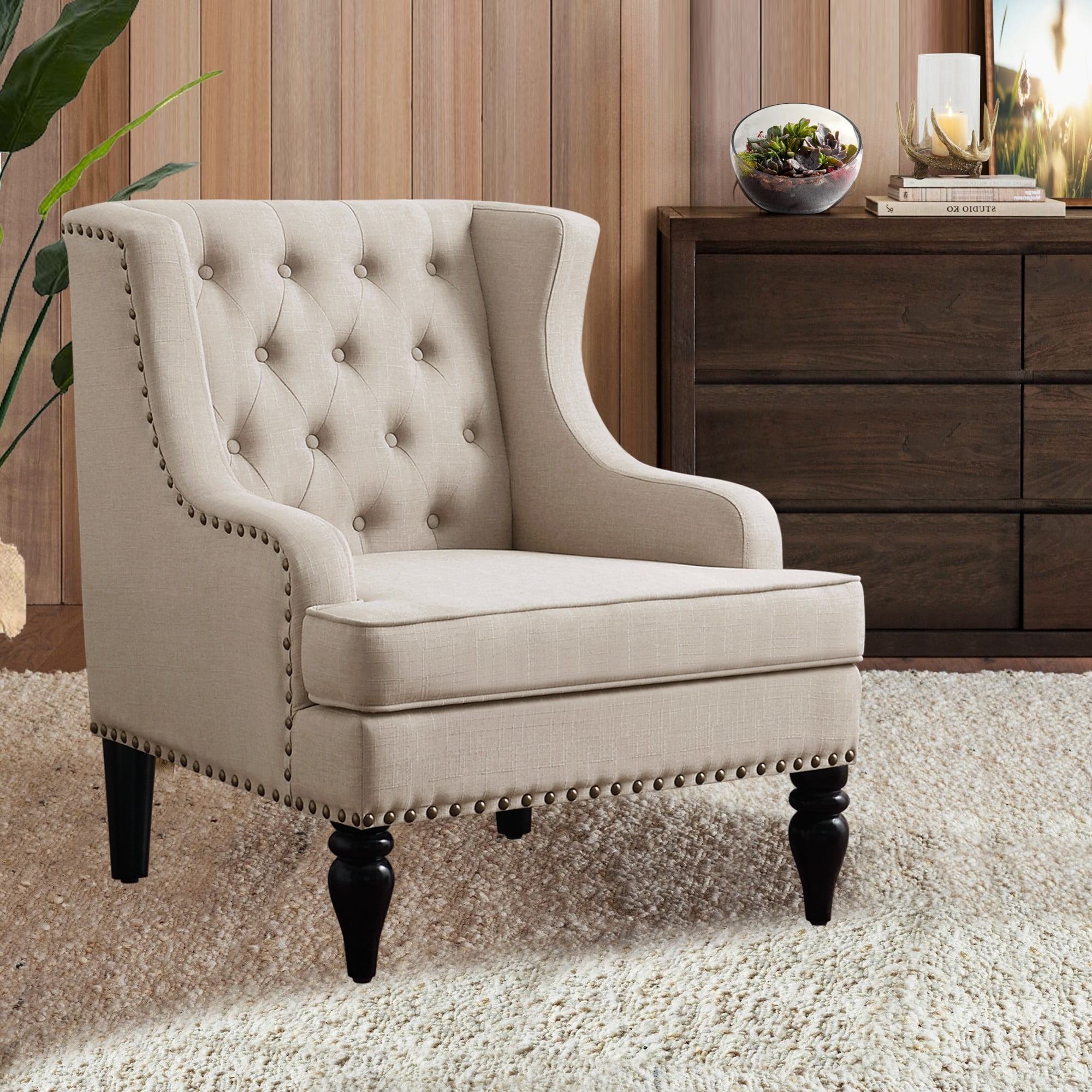 Gewnee Linen Accent Chair/Armchair with Solid Rubberwood Legs - Beige, Suitable for Living Room & Balcony
