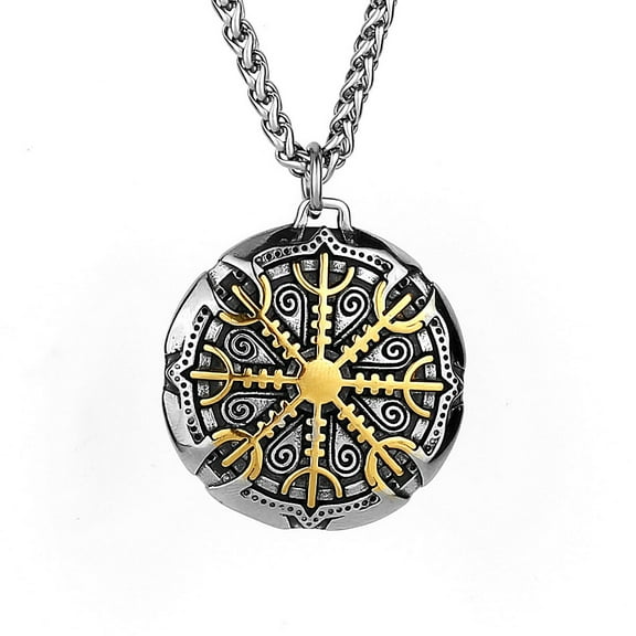 Fachoice Vegvisir Medallion Pendant for Men Viking Compass Circle Necklace, Celtic Helm Of Awe Necklace Men’s Vintage Vegvisir Compass Jewelry Nordic Vegvisir Amulet Charm Necklace