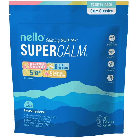 Supercalm Drink Mix - Ashwagandha KSM 66, Magnesium Glycinate & L-Theanine Supplement, Vitamin D3 - Ashwagandha Root Extract - Focus and Relaxation Support (20 Travel Packets) - Variety Pack