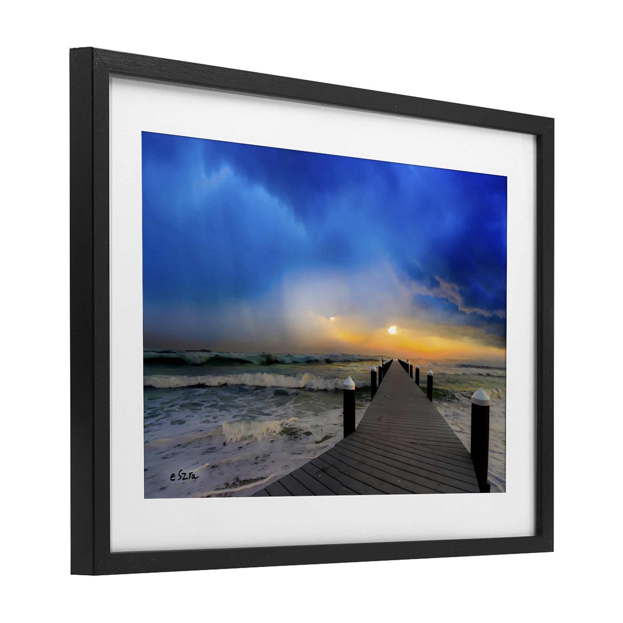 Stupell Industries Sun Breaking Over Sea Pier Black Framed Print Under Glass, design by Eszra Tanner
