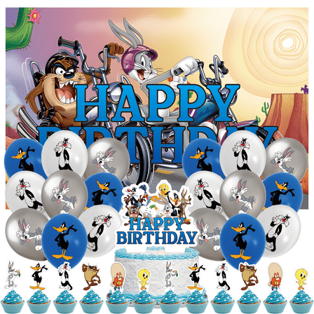 32 Pcs For Looney Theme For Tunes Birthday Party Supplies Party Favor Set,With 13 Cupcake Toppers,5*3ft Birthday Backdrop Decorations,18 Balloons, All-in-One Party Supply Set