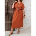 thumbnail image 6 of Rust Brown Plus Size Summer Dress With Short Sleeves, Waist Tie, And Side Slit, 6 of 6