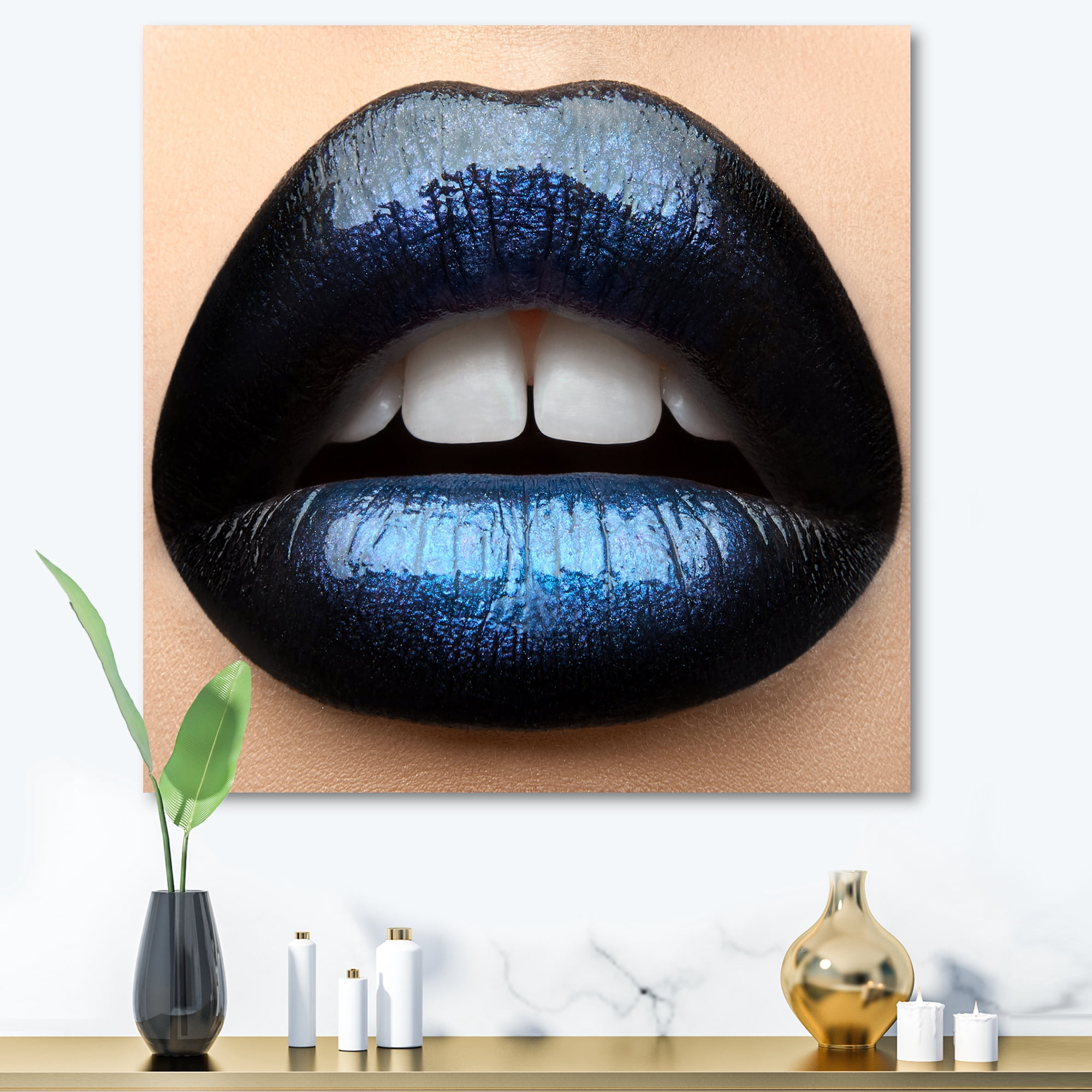Designart ' Girl Lips With Black and Blue Lipstick ' Modern Canvas Wall Art Print