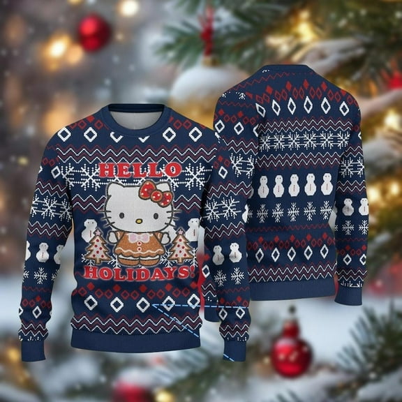Hello Kitty 3D Christmas Sweater, Kitty Cat Sweater, Hello Holiday Sweater Women, Cute Cartoon Sweatshirt For Kids, Xmas Gift For Her