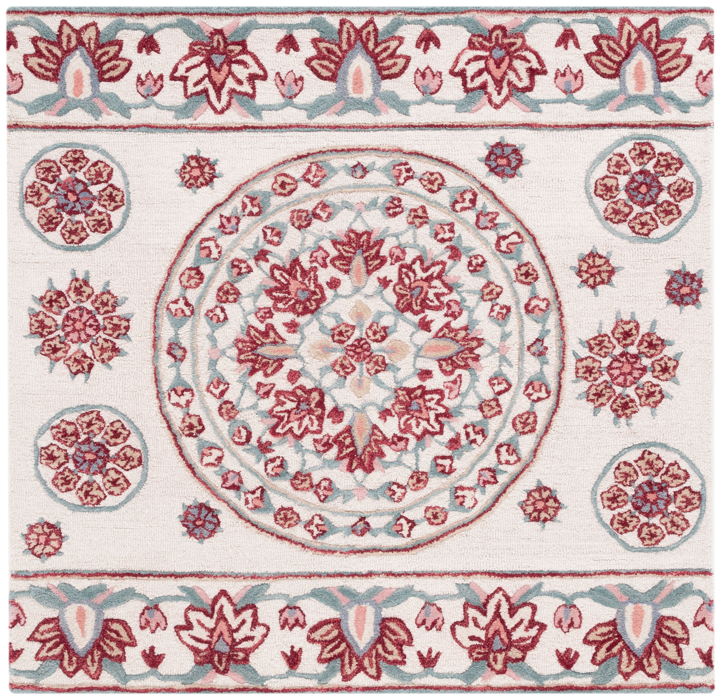 SAFAVIEH Bellagio Vanessa Floral Wool Area Rug, Ivory/Red, 5' x 5' Square