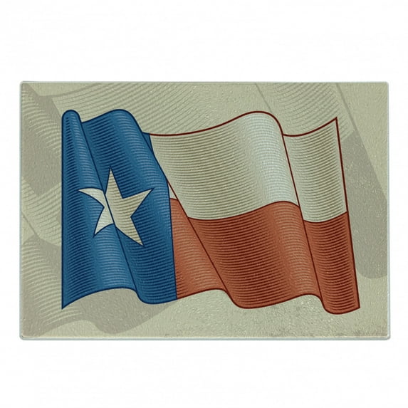 Texas Star Cutting Board, Flapping Texan Flag Lone Star Pattern with Retro Effect Americana, Decorative Tempered Glass Cutting and Serving Board, Small Size, Vermilion Beige Blue, by Ambesonne