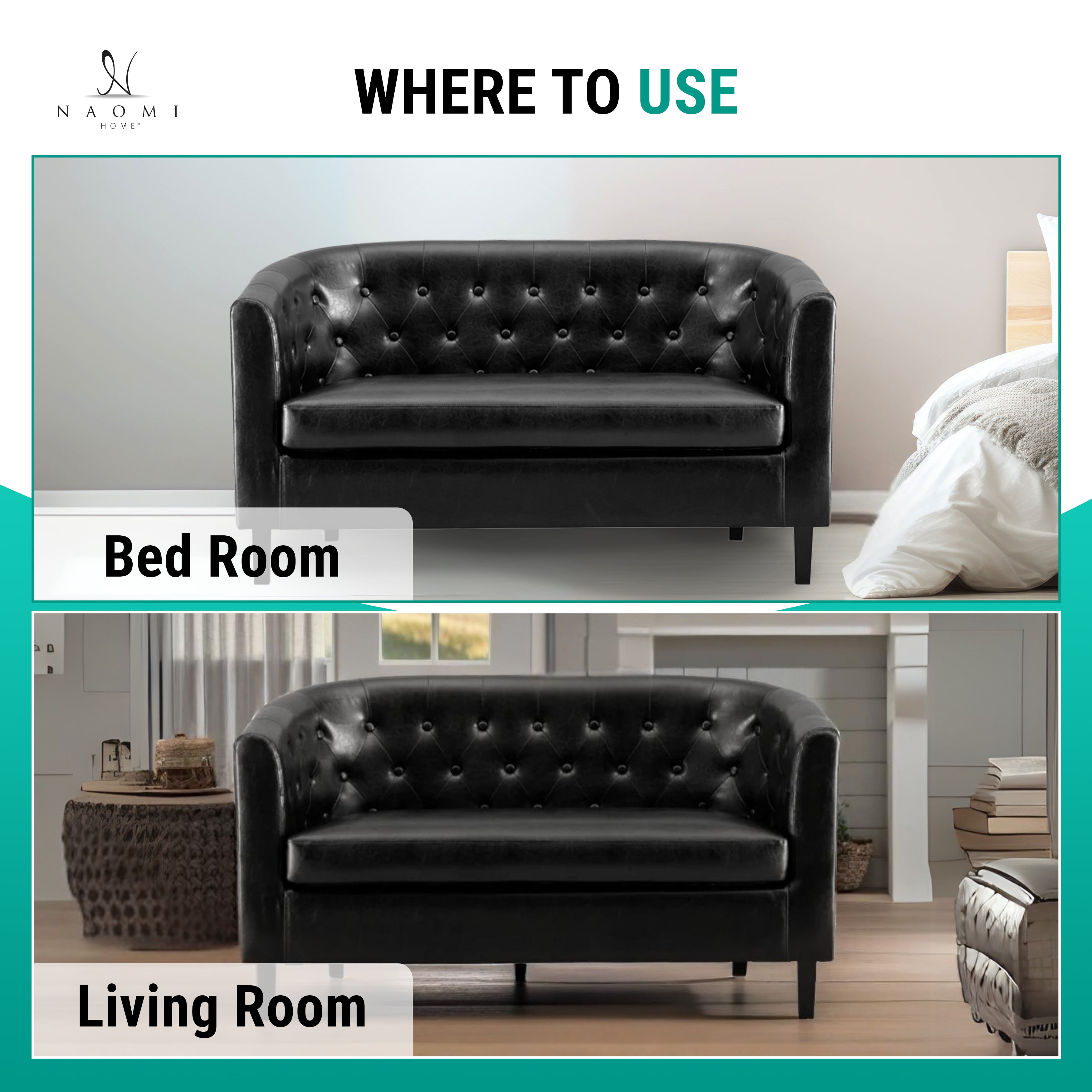 Naomi Home, Emma, Button Tufted Faux Leather Barrel Loveseat, Mid-Century Modern 2-Seater Couch – Black